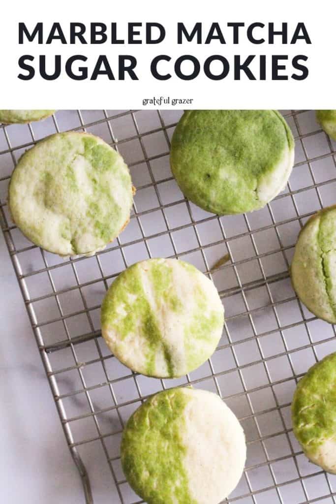 Green and white cookies on wire rack with text that reads, "marbled matcha sugar cookies."