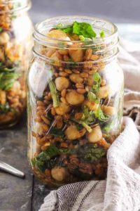 Chickpea Salad in a Jar as an example of vegetarian lunches to pack for work or school.