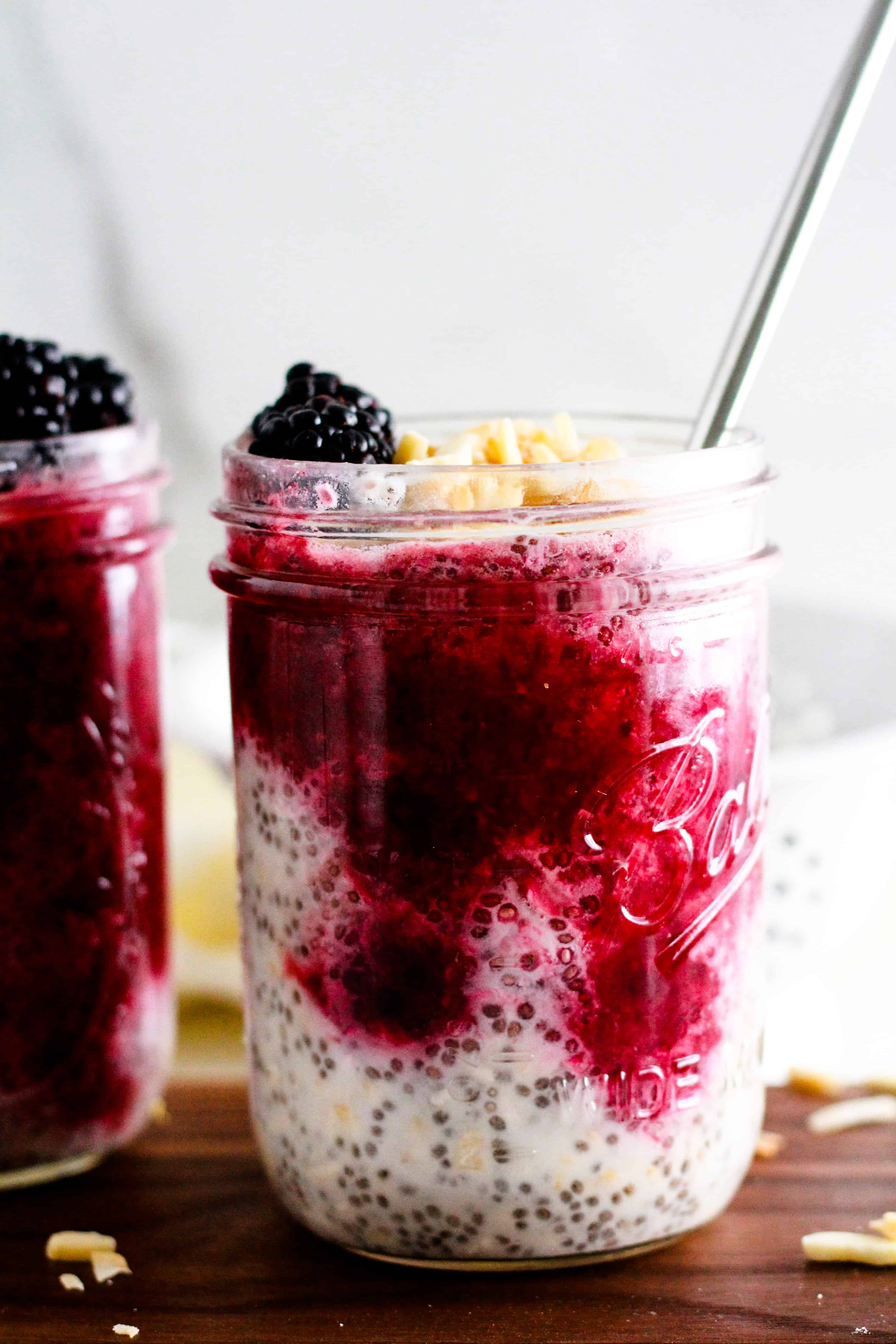 Blackberry Overnight Oats in a mason jar.