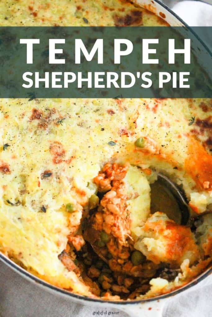 White dutch oven with shepherd's pie and text that reads, "Tempeh Shepherd's Pie."