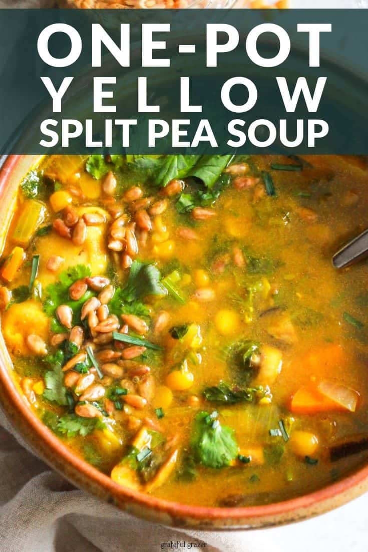 Yellow vegetable soup in brown bowl with text that reads, "one-pot yellow split pea soup."