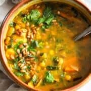 Yellow split pea soup with mushrooms and Indian-inspired spices.