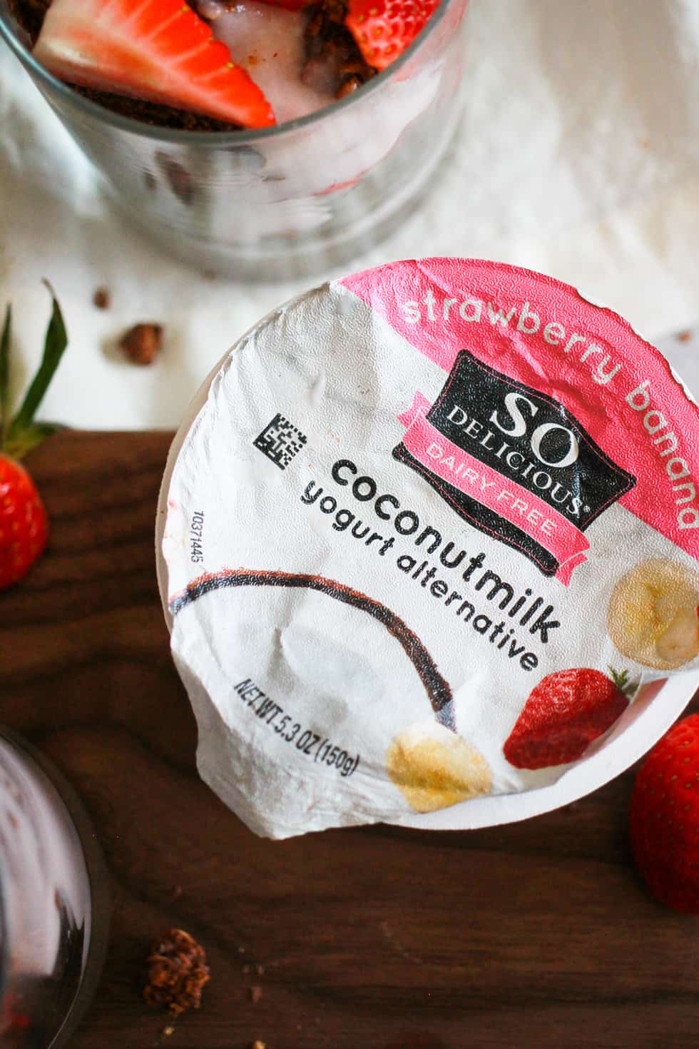Carton of So Delicious strawberry banana yogurt alternative.