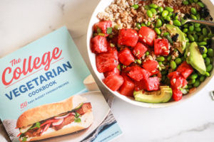 Horizontal image of The College Vegetarian Cookbook next to Watermelon Poke Bowl.