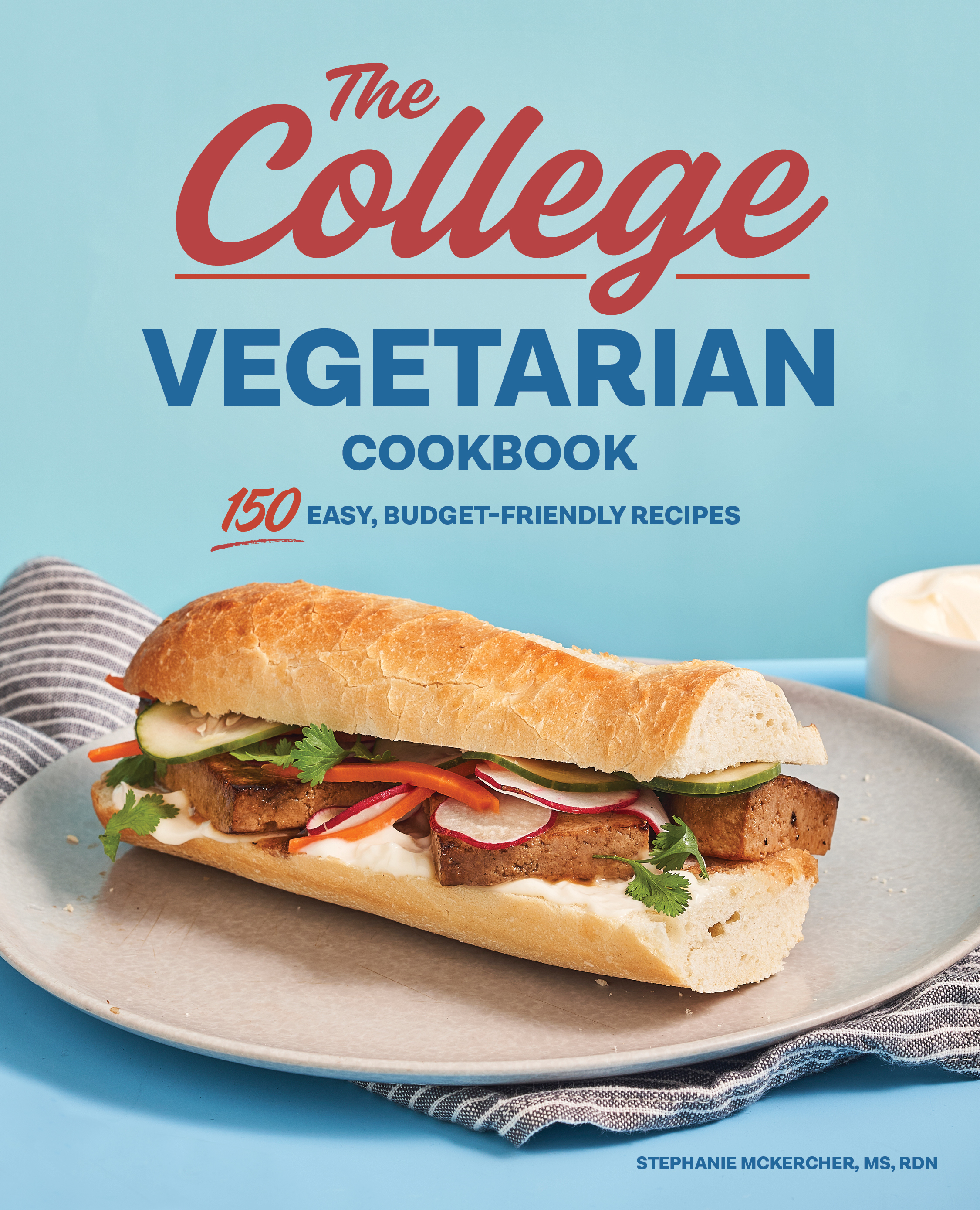 The College Vegetarian Cookbook cover with tofu sandwich against blue background