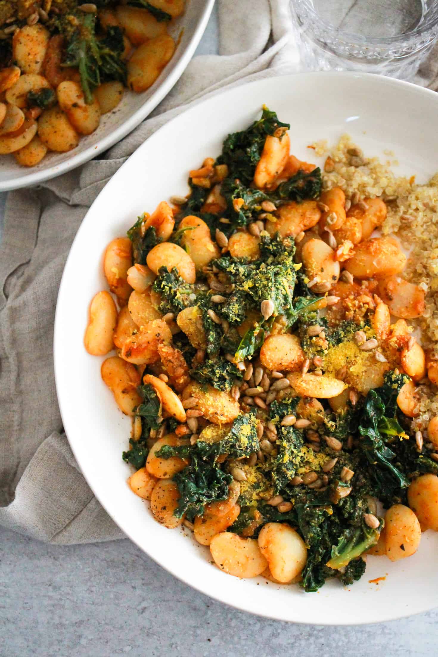 Beans and greens in white bowls are easy college meals