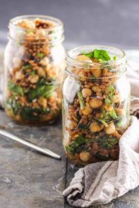 Easy College Meals example is chickpea salad served in mason jars with whole grains