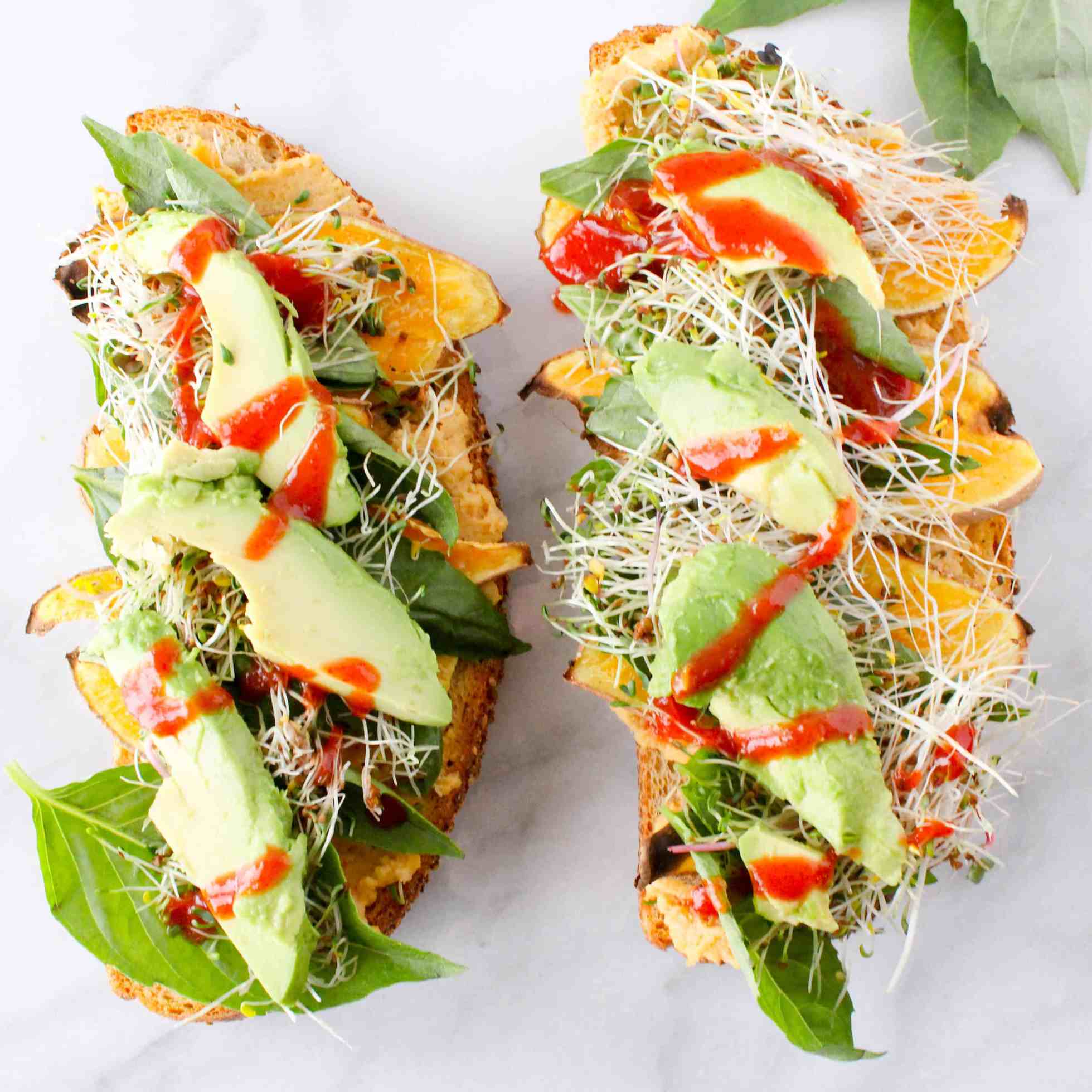 Open-faced sweet potato sandwich with avocado showing how to make easy college meals