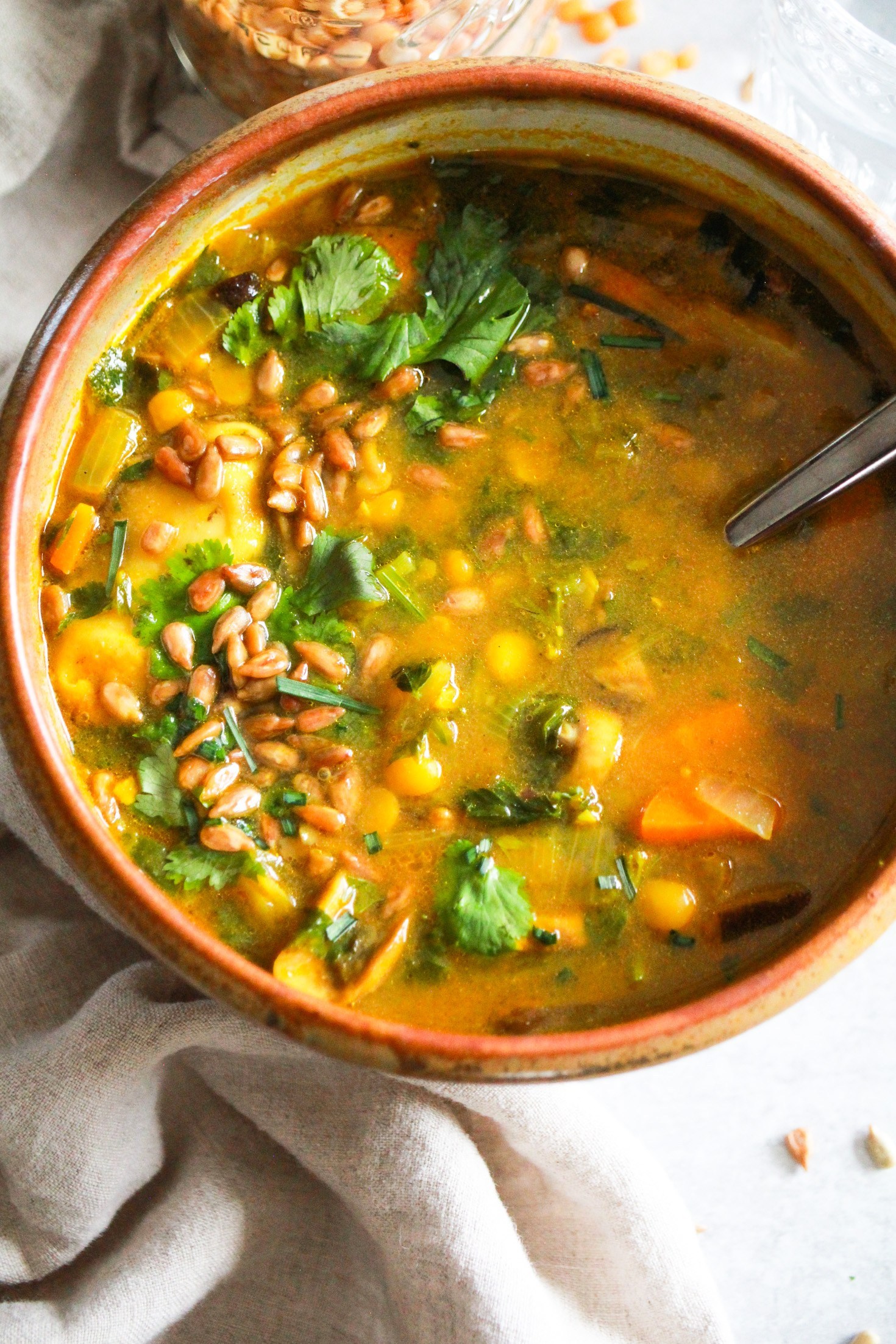 brown bowl with yellow split pea soup for an easy college meal