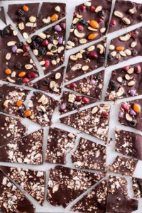 Dark chocolate bark topped with trail mix and coconut