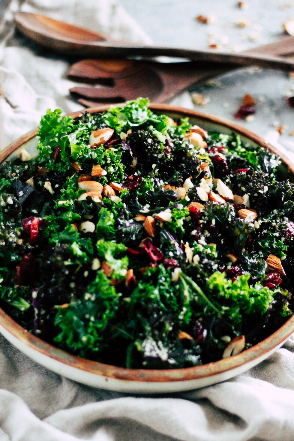 Make-Ahead Kale Salad in ceramic dish for easy college meals