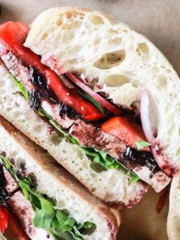 Vegetarian tomato mozzarella sandwich with basil and blueberry sauce.