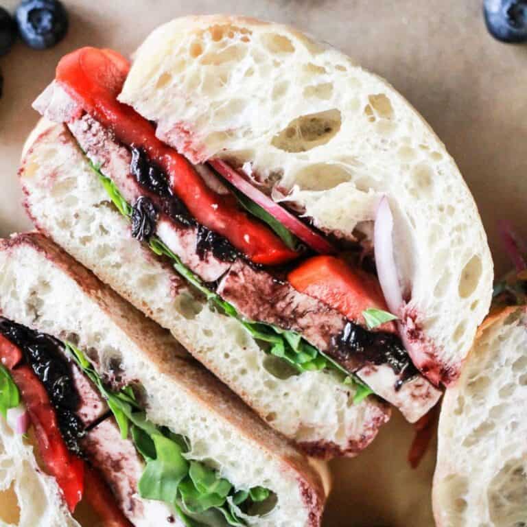 Vegetarian tomato mozzarella sandwich with basil and blueberry sauce.