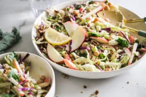 Horizontal image of apple coleslaw in white bowl with apple and lemon slices.