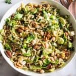 Mediterranean orzo pasta with Brussels sprouts, chickpeas, and olives.