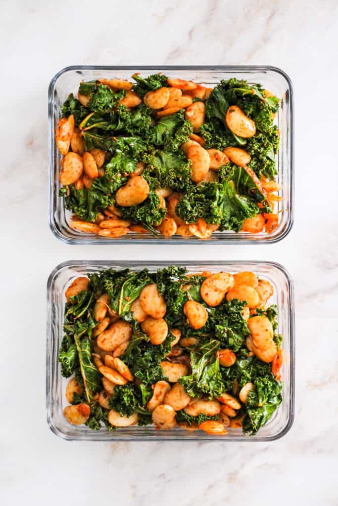 Butter beans recipe in two glass meal prep containers.