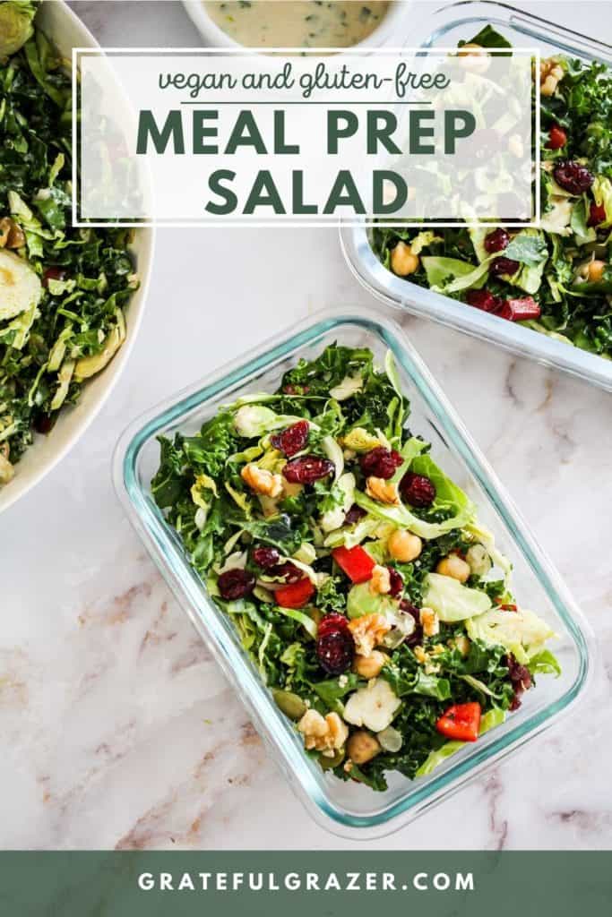 Kale salad with chickpeas in glass meal prep containers with green text that reads, "Vegan and Gluten-Free Meal Prep Salad; GratefulGrazer.com"