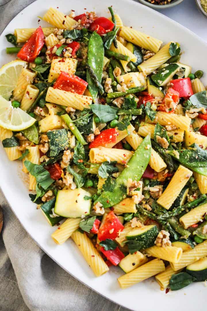 Vegan Pasta Primavera Recipe with Dairy-Free Sauce - Grateful Grazer