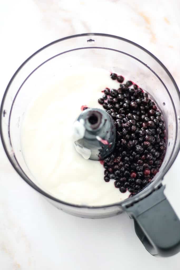 So Delicious Dairy Free Yogurt Alternative in a food processor container with wild blueberries.