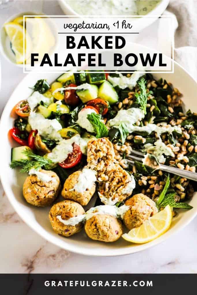 Falafel Bowl with tzatziki sauce, grains, and tomato-cucumber salad and text that reads, "Vegetarian,
