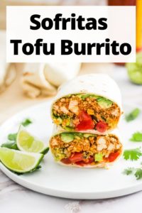 Burrito stacked with one half on top of the other and text reading, "Sofritas Tofu Burrito."