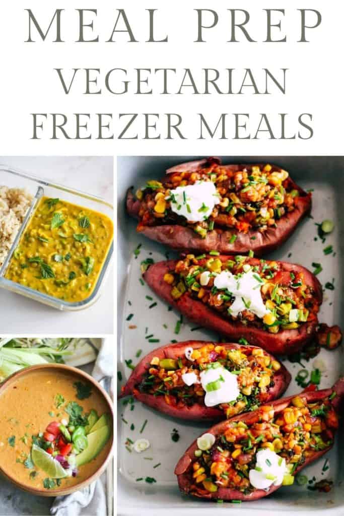 Collage of freezer-friendly vegetarian recipes with text that reads, "Meal Prep Vegetarian Freezer Meals"