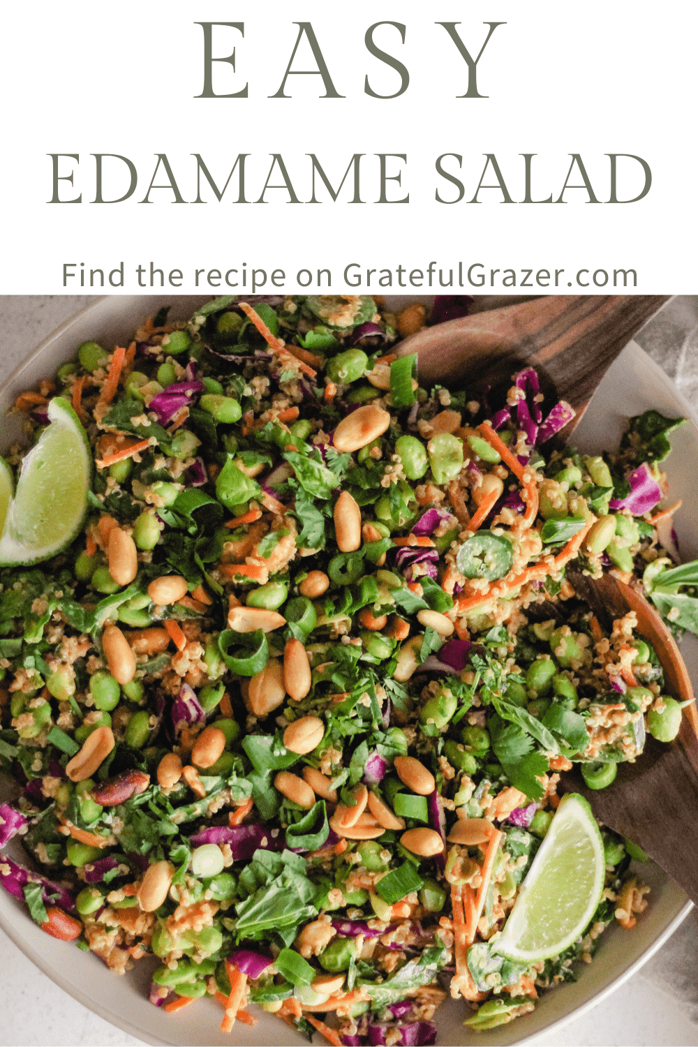 Edamame salad on a cream ceramic dish with text that reads, "Easy Edamame Salad; Find the full recipe on GratefulGrazer.com."