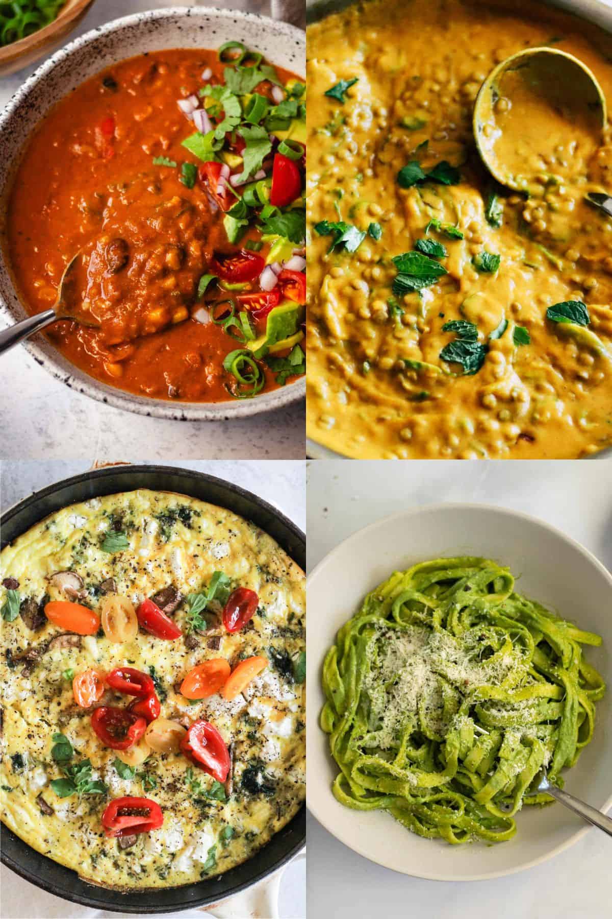 Collage of vegetarian freezer meals, including taco soup, lentil curry, frittata, and green pasta.