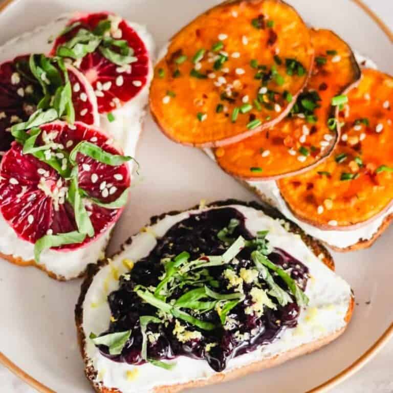Greek Yogurt Toast with different toppings: Sweet Potato Chive, Blueberry Basil, and Blood Orange Ginger.