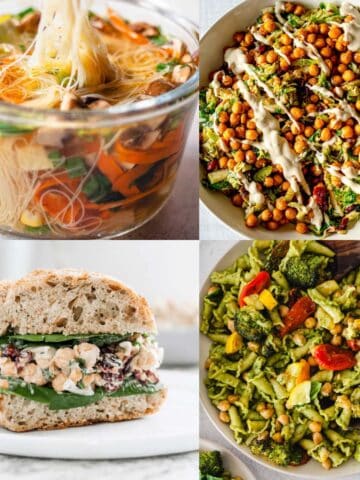 Collage of easy vegetarian lunch ideas, including noodle soup, shaved brussels sprouts salad, chickpea salad sandwich, and pesto pasta.