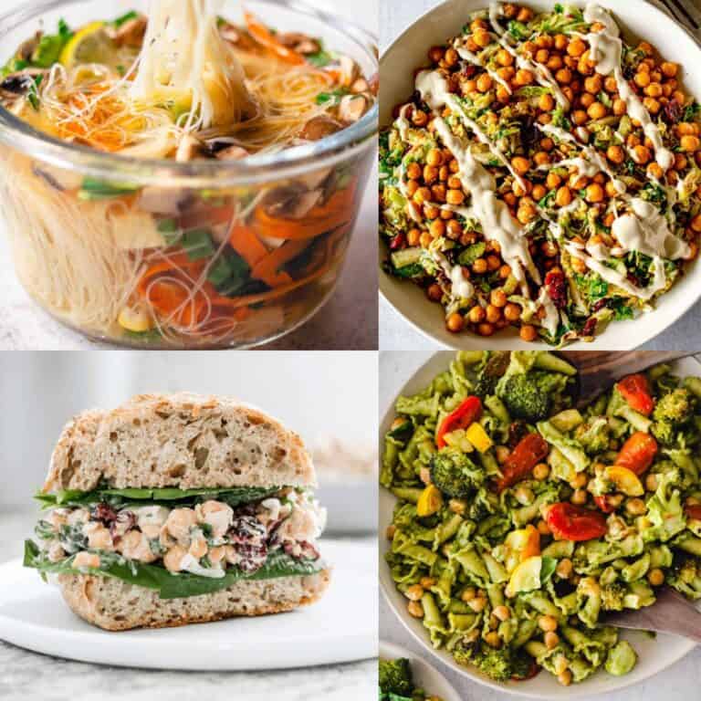 Collage of easy vegetarian lunch ideas, including noodle soup, shaved brussels sprouts salad, chickpea salad sandwich, and pesto pasta.