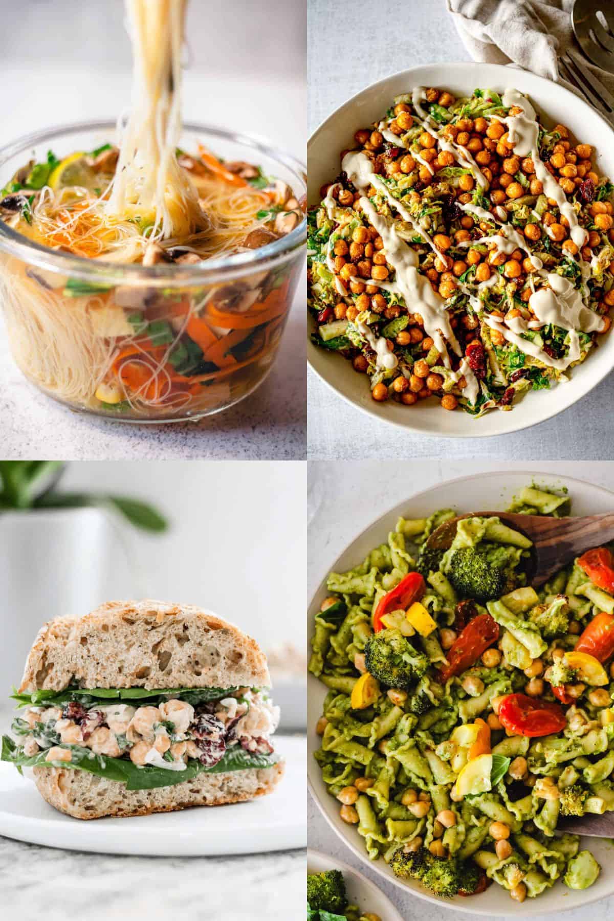Collage of vegetarian work lunches, including meal prep noodle soup, chickpea salad, chickpea salad sandwich, and pesto veggie pasta.