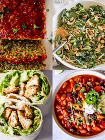 Collage of filling and easy vegetarian dinner recipes.