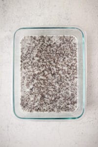 Chia seeds and coconut milk in a glass container.