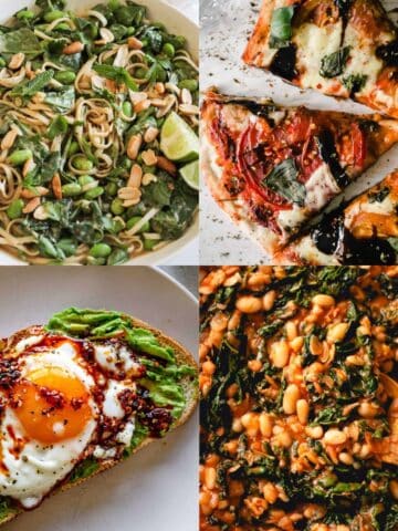 Collage of easy vegetarian dinner ideas, including peanut noodles, pizza, avocado toast, and beans and greens,