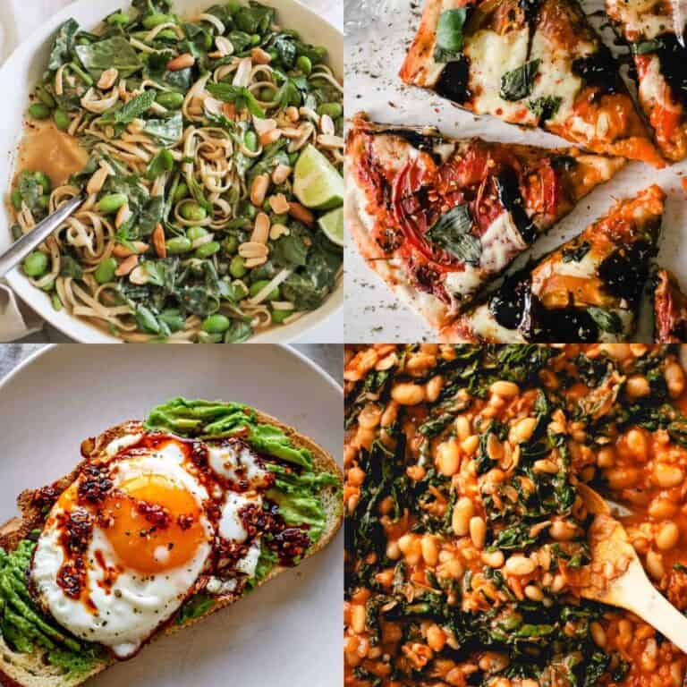 Collage of easy vegetarian dinner ideas, including peanut noodles, pizza, avocado toast, and beans and greens,