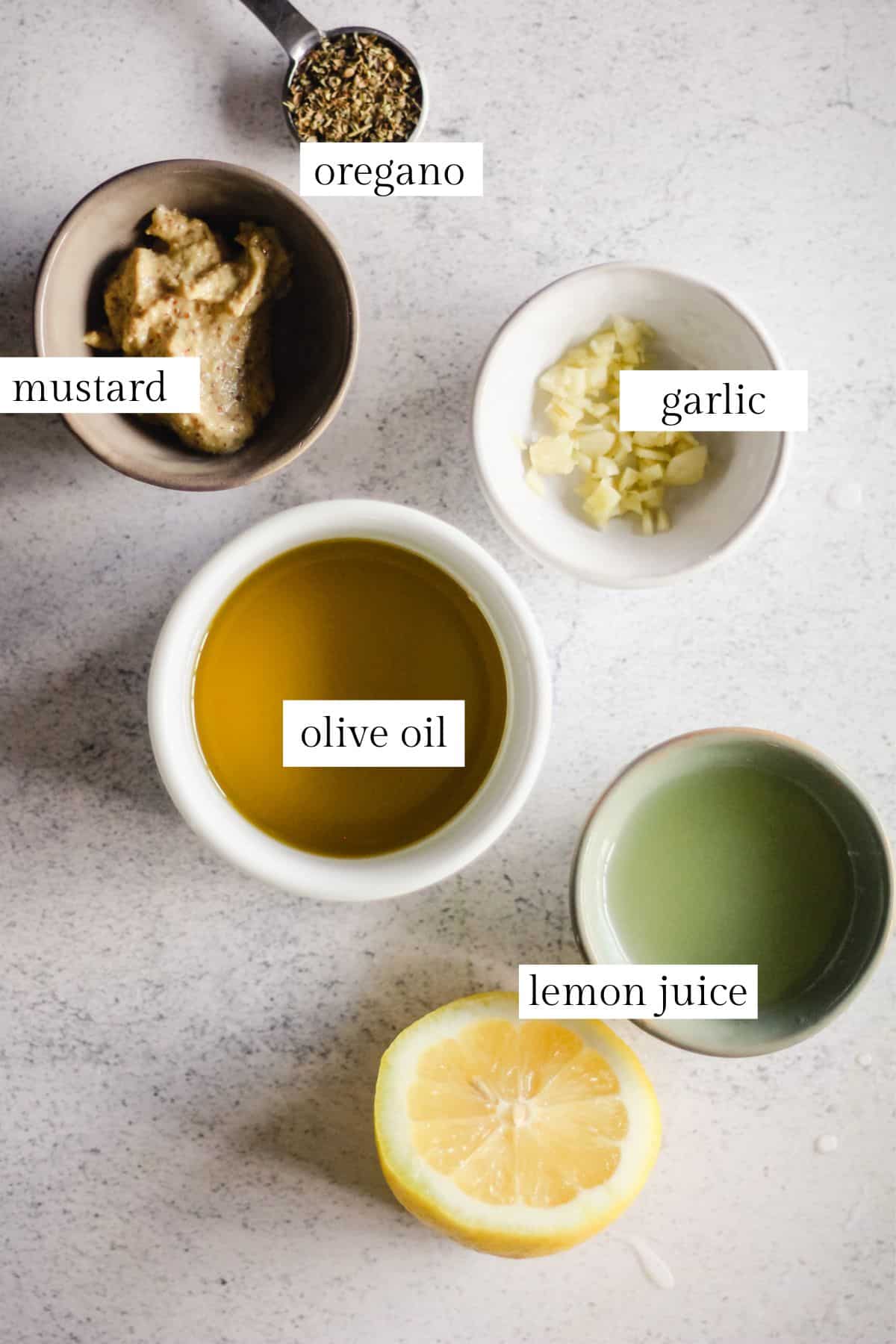 Ingredients for Greek Lemon Oregano Salad Dressing.