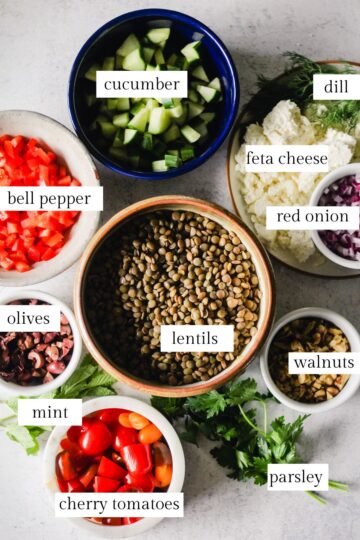 Ingredients for a Mediterranean Lentil Salad.