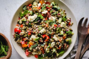 Greek lentil salad on a white plate.