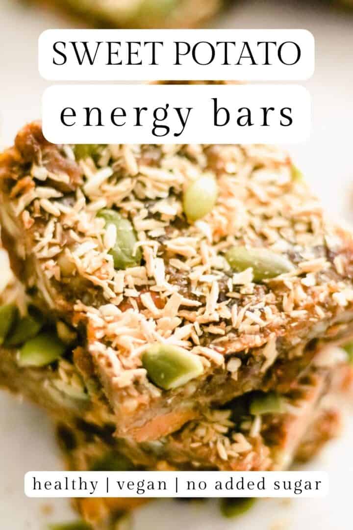 A stack of homemade energy bars with text overlay that reads, "Sweet Potato Energy Bars - healthy, homemade, no added sugar"