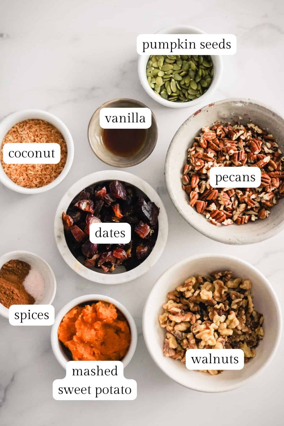 Labeled ingredients for homemade Sweet Potato Energy Bars.