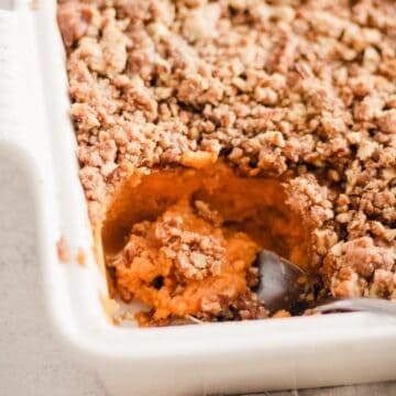 Thanksgiving sweet potato casserole with pecan crumble.