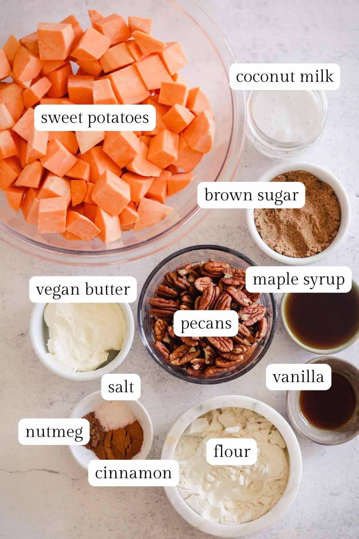 Labeled ingredients to make Vegan Sweet Potato Casserole with Pecan Topping.