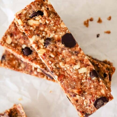 Stack of no-bake energy bars with chocolate chips.