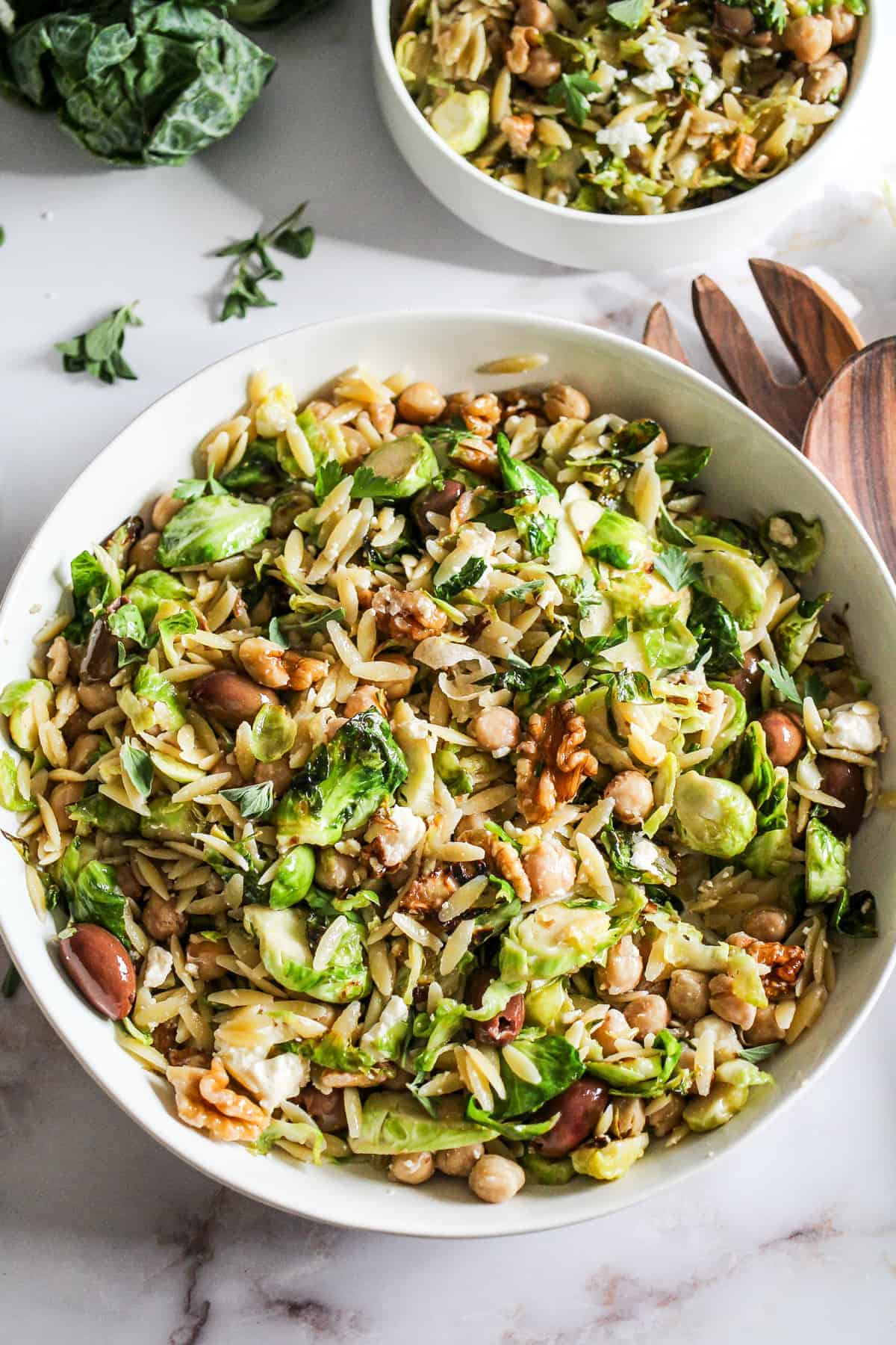Vegetarian orzo pasta salad with brussels sprouts