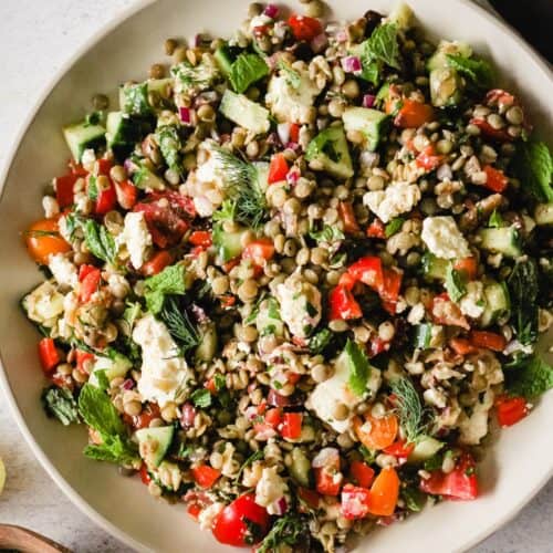 Easy vegetarian lentil salad with cucumber, mint, and feta cheese.
