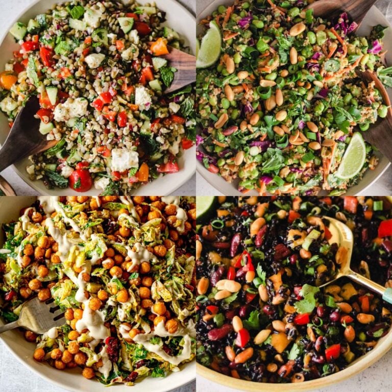 Collage of filling vegetarian salads for lunch and dinner, including lentil salad, edamame salad, Brussels sprouts salad, and black rice salad.