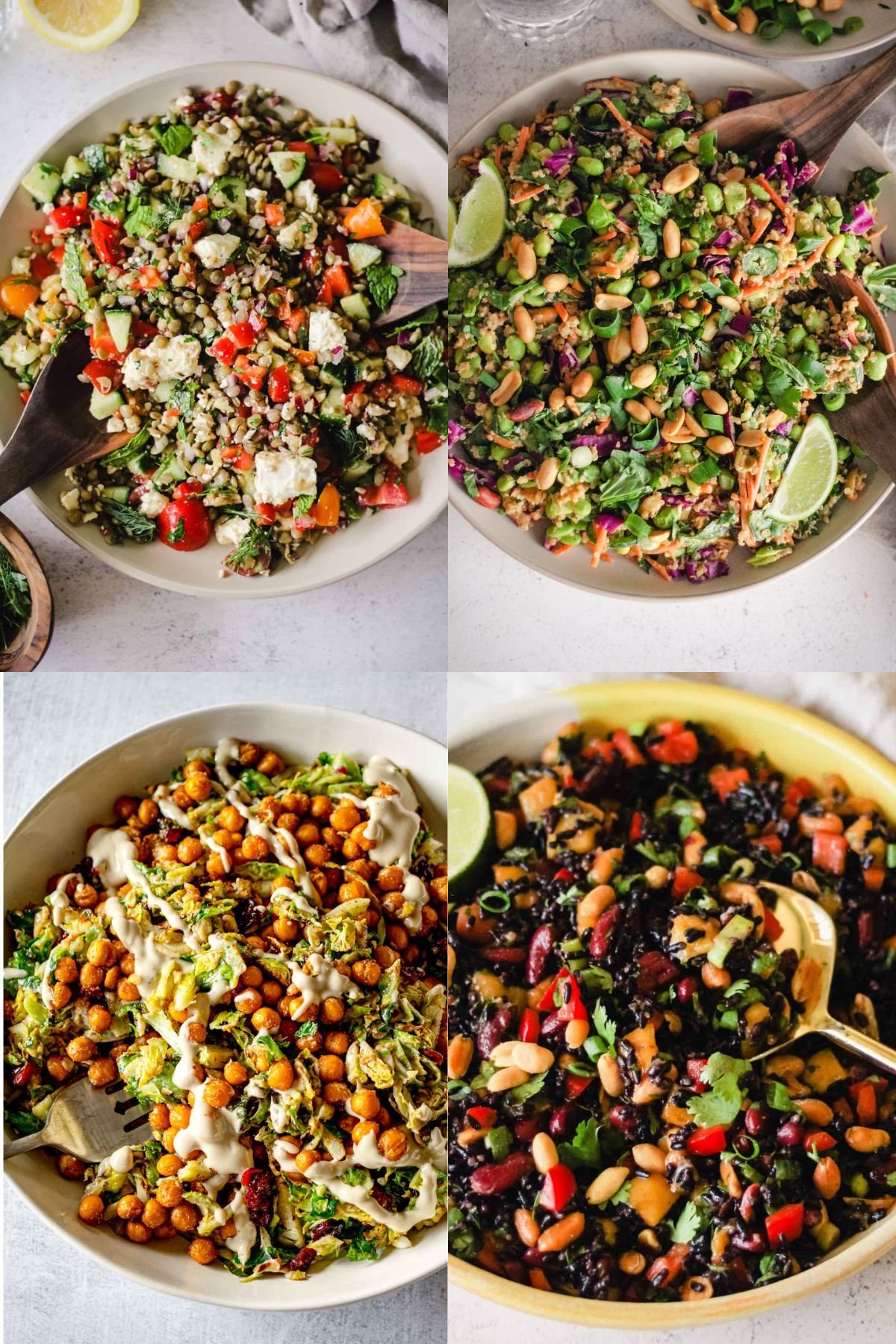 Collage of filling vegetarian salads, including lentil salad, edamame salad, shaved brussels sprouts salad with chickepas, and black rice salad.