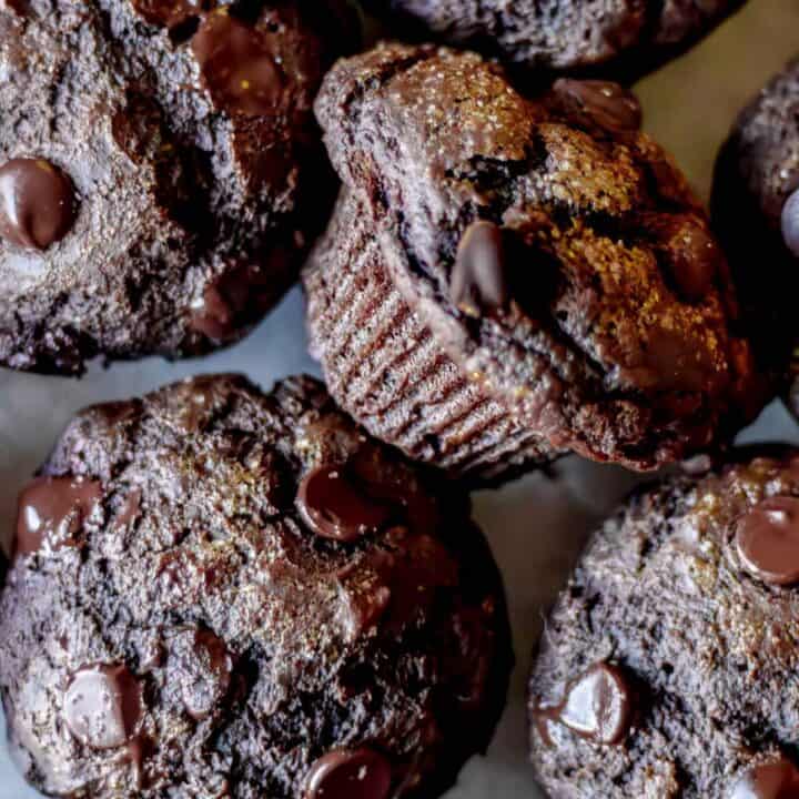 Closeup of double chocolate muffins topped with chocolate chips.