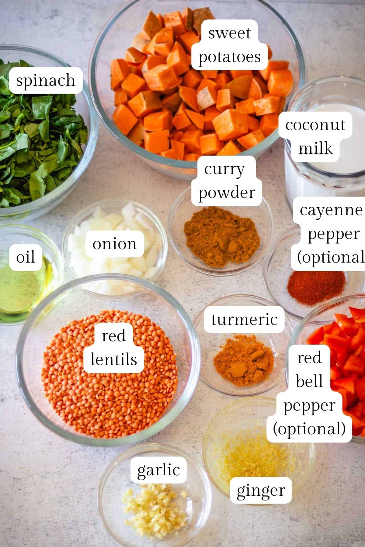 Ingredients to make red lentil, including lentils, coconut milk, sweet potatoes, and spinach in separate glass bowls with text labels.